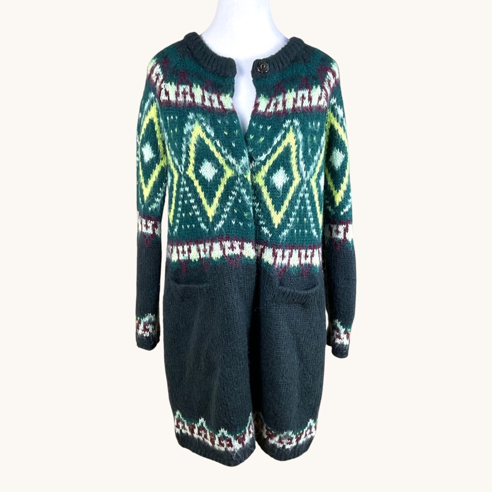 Free People Cardigan Sweater Chunky Knit Fair Isle Green Gray (S)